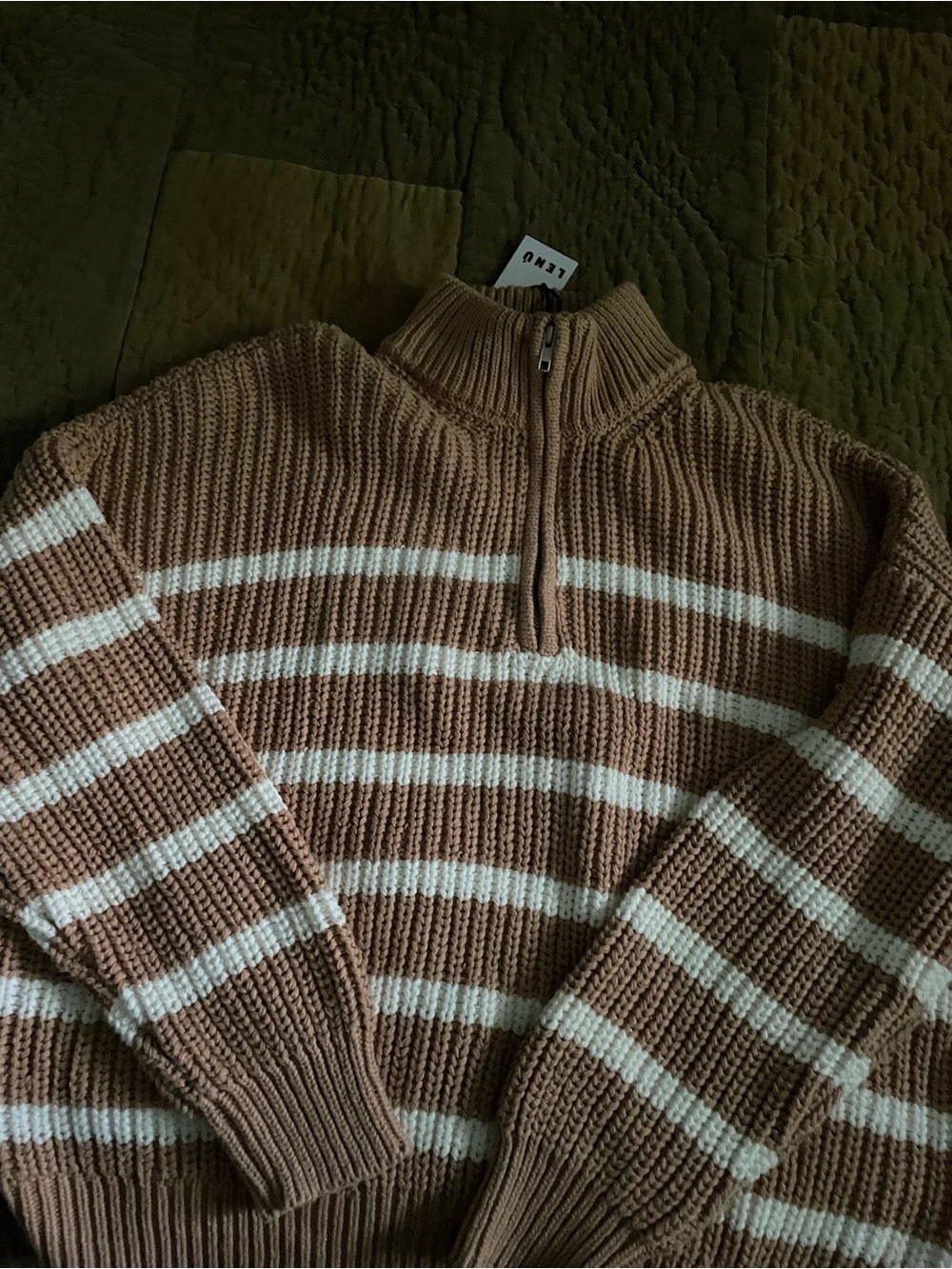 Lenu Striped Quarter Zip Sweater Tan Brown Cream XL